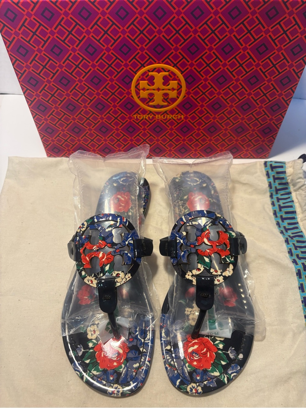 Tory Burch Navy Floral Miller Jelly Sandals with Red Rose Accents